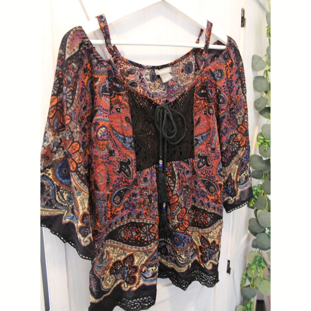 Angie Boho Chic Peasant Top with lace tassels M